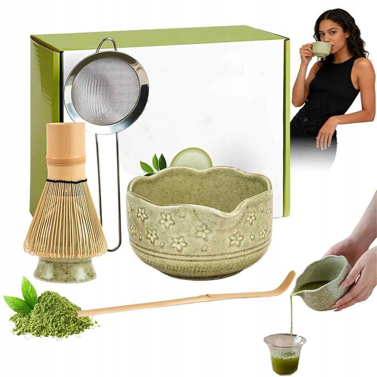 Sada Na Matcha S Cedníkem A Lžící A Keramickou Miskou, Zelená
