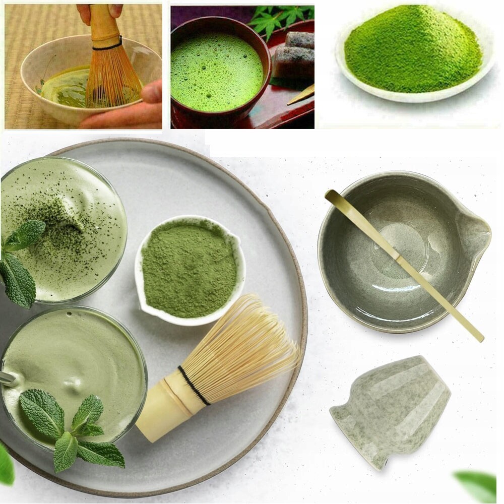 Sada nástrojů na výrobu matchy s miskou, držákem na šlehací metlu a lžící