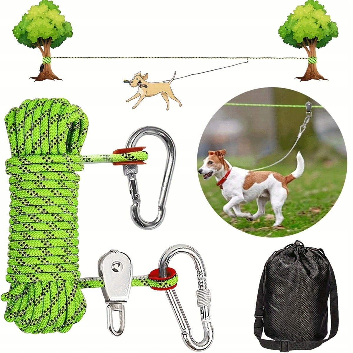 15.1 M Zelené Kempingové Lano Pro Psy S 3.1 M Běžeckým Kabelem