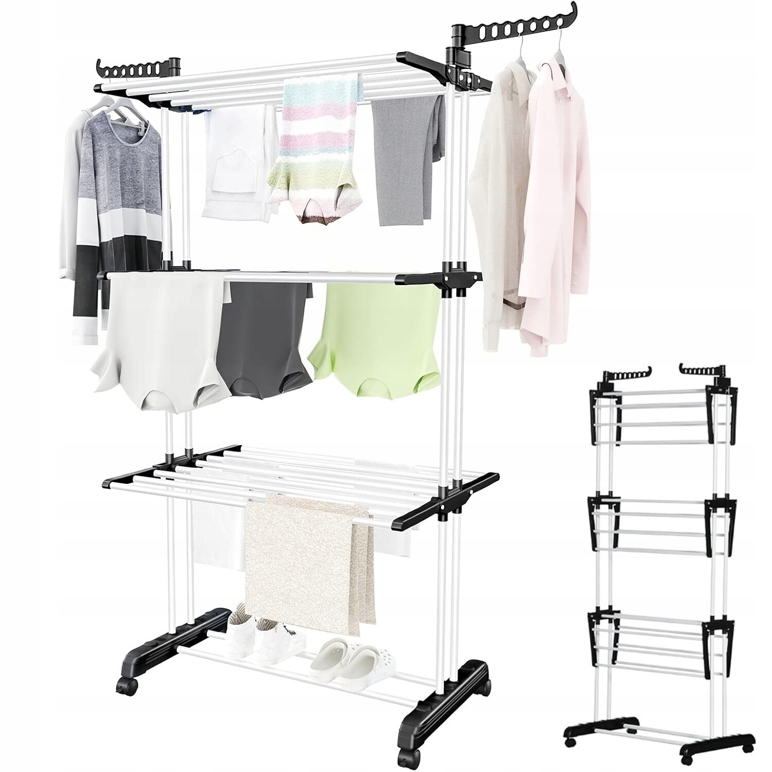 Skládací sušák na prádlo s vertikální konstrukcí, křídla pro sušení ručníků, oblečení, bot, černý, XL