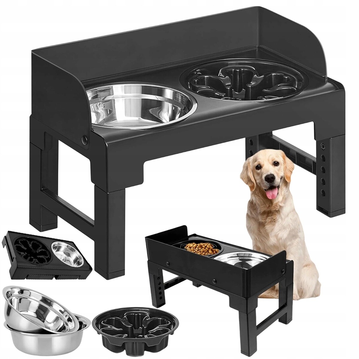 Regulovatelná Krmná Stanice Se 2 Ocelovými Miskami Pro Pomalé Stravování