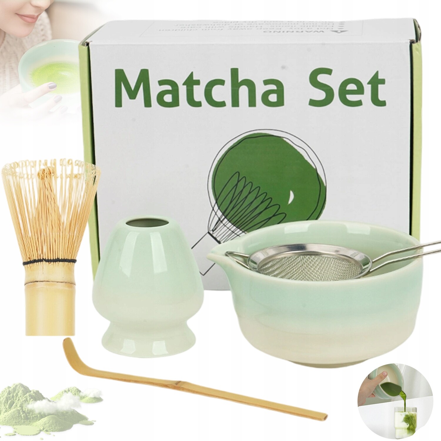 Sada Matchy Keramická Miska Sítko Lžíce Šlehací Metla Příslušenství Na Čaj