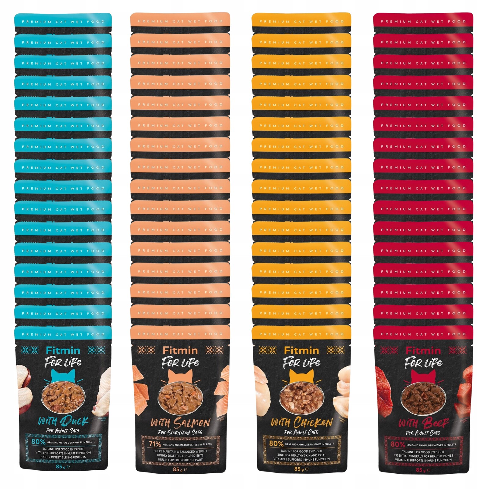 40 x Mokré Krmivo Pro Kočky Fitmin Filé Mix Chutí pro sterilizované 85 g