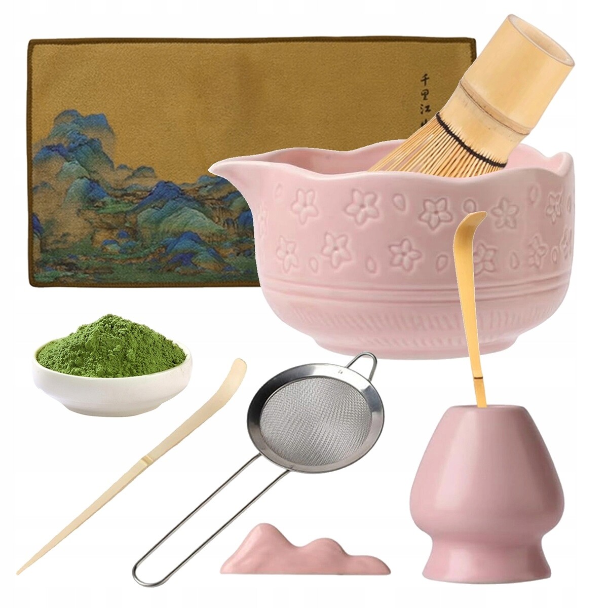 Sada Pro Matcha Růžová Kompletní S Bambusovou Šlehací Metlou A Stojanem