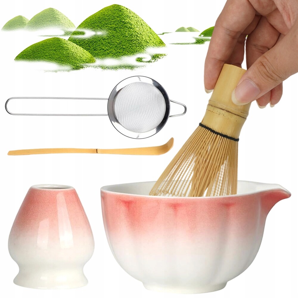 Ceremoniální Sada Pro Matcha 450 ML S Bambusovou Šlehací Metlou Růžovo-bílá