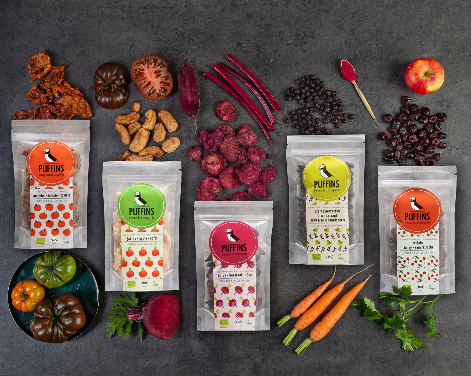 Sada sušeného křupavého ovoce a zeleniny Puffins – „polské“ – 6 x 40 g