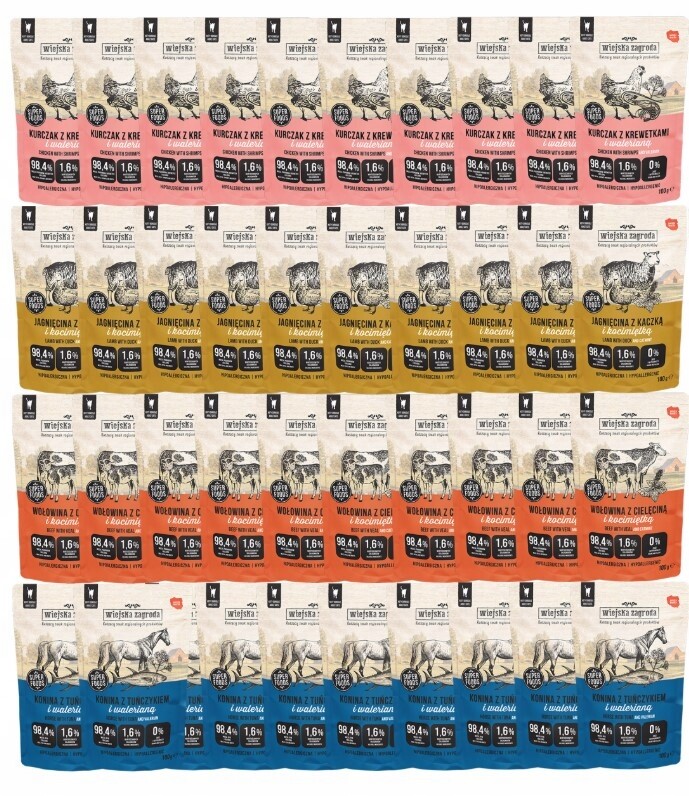 Wiejska Zagroda krmivo pro kočky Mix 4 příchutí 48 x 100 g bez obilovin