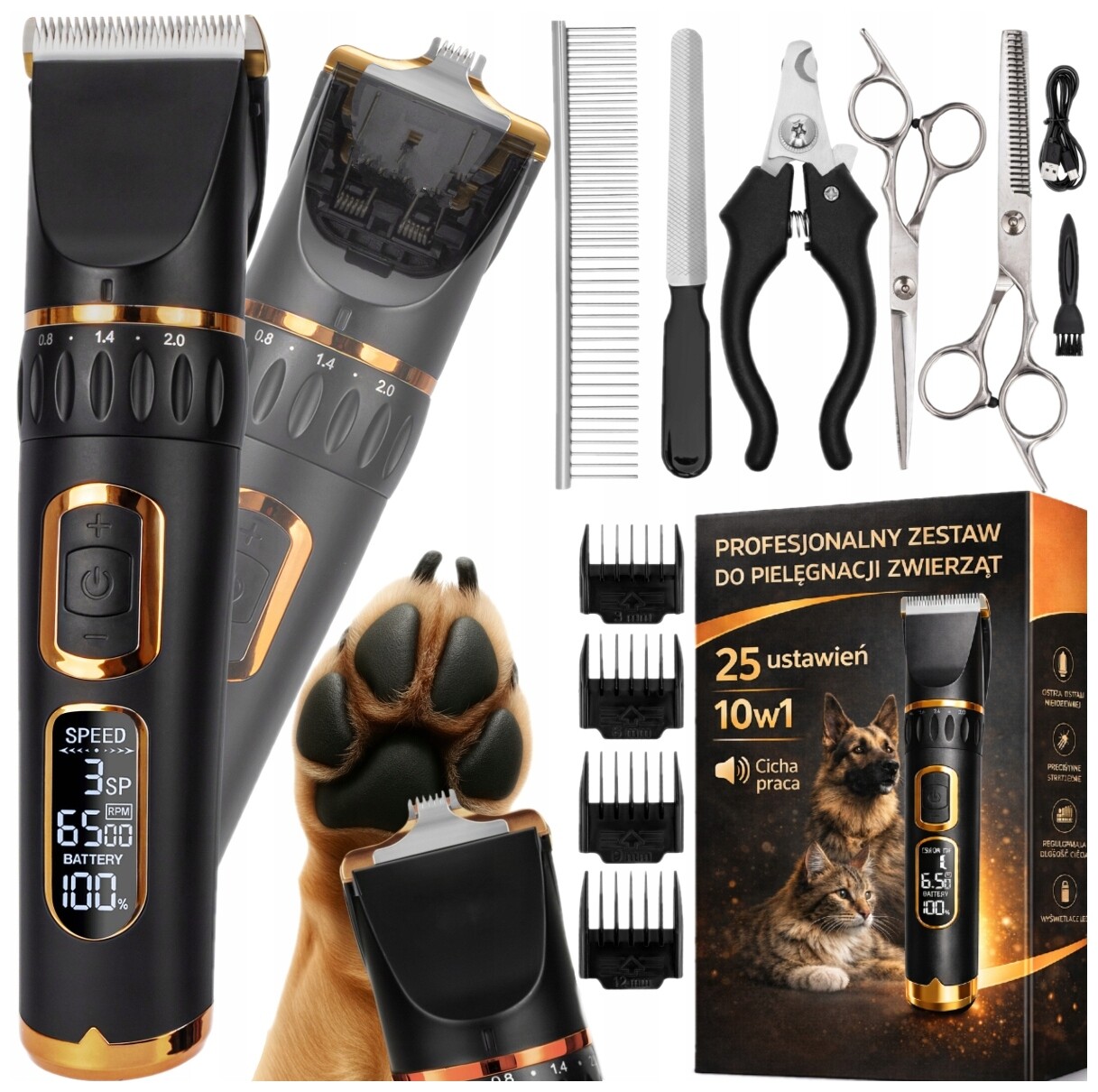 Profesionální zastřihovač psů Tichý zastřihovač pro psa, kočku 12v1