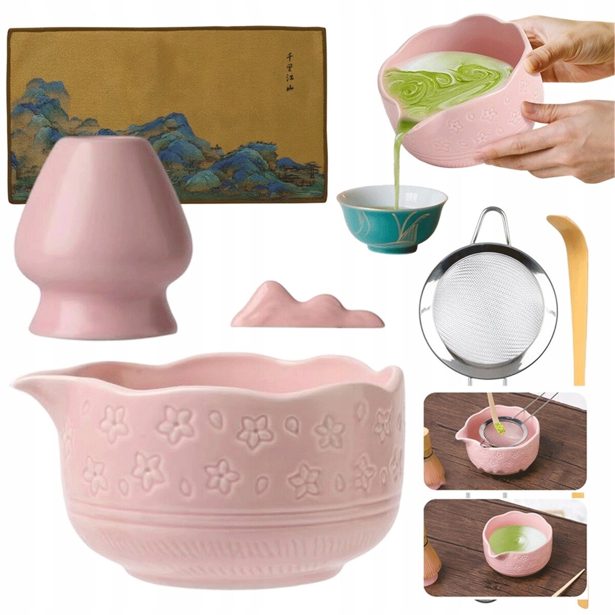 Růžová Sada Na Matcha S Miskou 450 ML Bambusová Šlehací Metla A Příslušenství