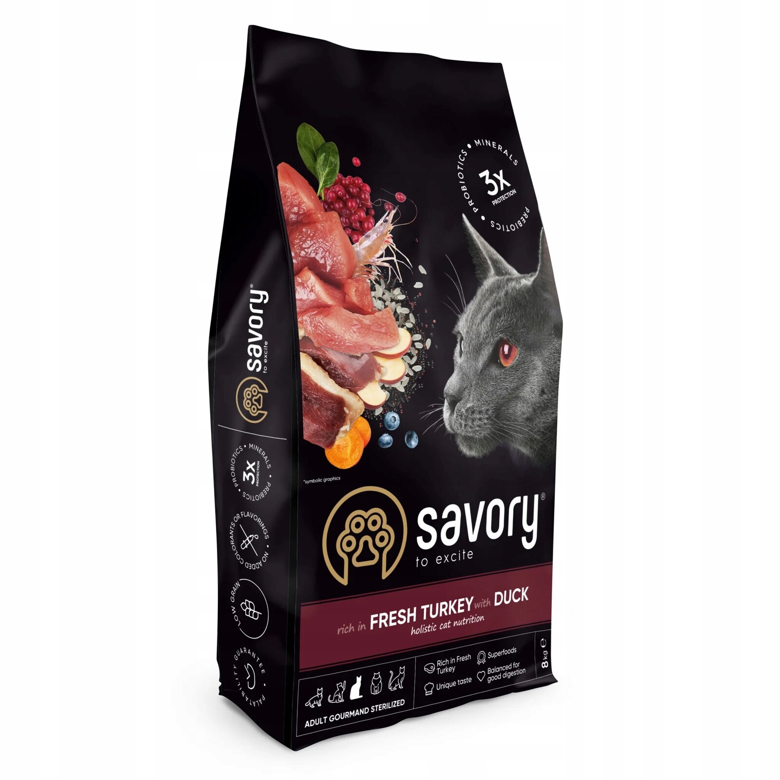 Savory suché krmivo pro kočky Adult Sterilised Senior Kachna Krůta 8 kg