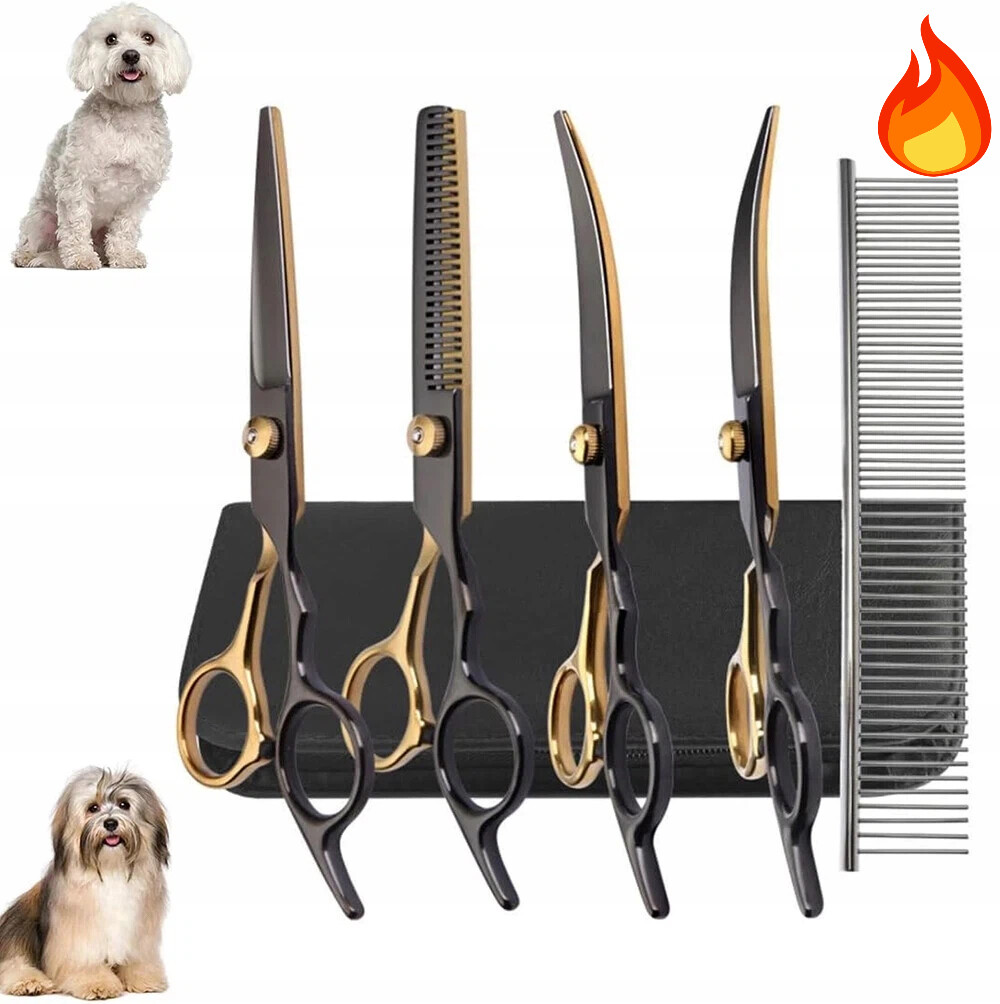 Nůžky Na Stříhání Psa Kadeřnické Groomerské 4+1 Sada Kadeřníků Psi