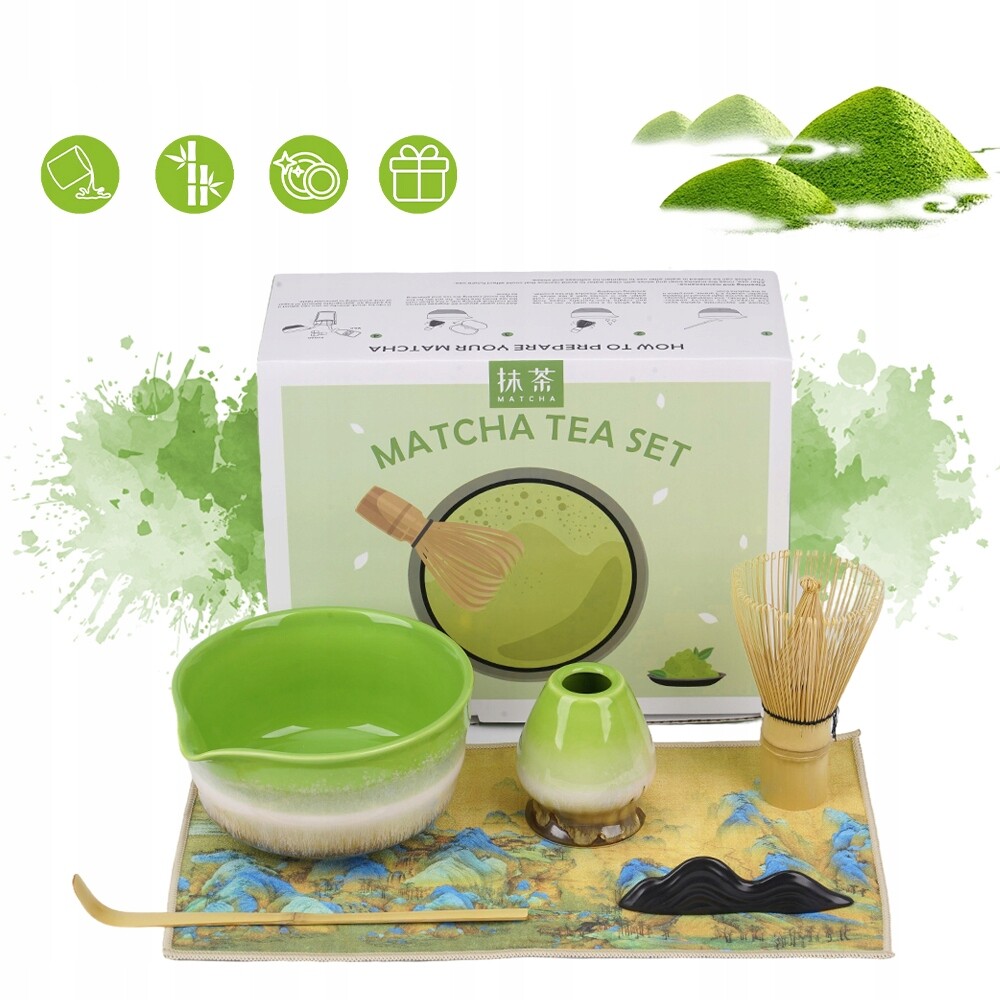 Profesionální Keramický Matcha Set S Bambusovou Šlehací Metlou, Zelený