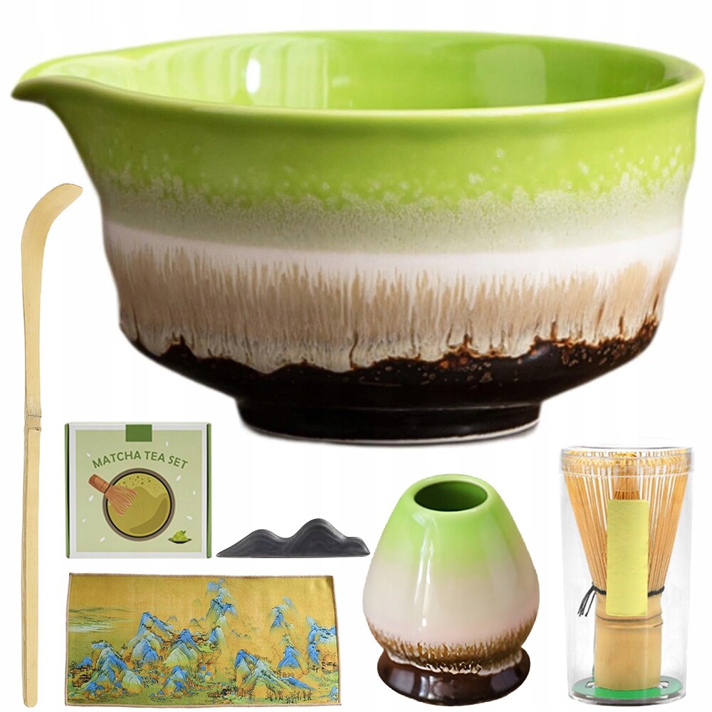 Sada Na Matcha S Miskou A Šlehací Metlou, Lžící A Podstavcem A Ručníkem, Zelená