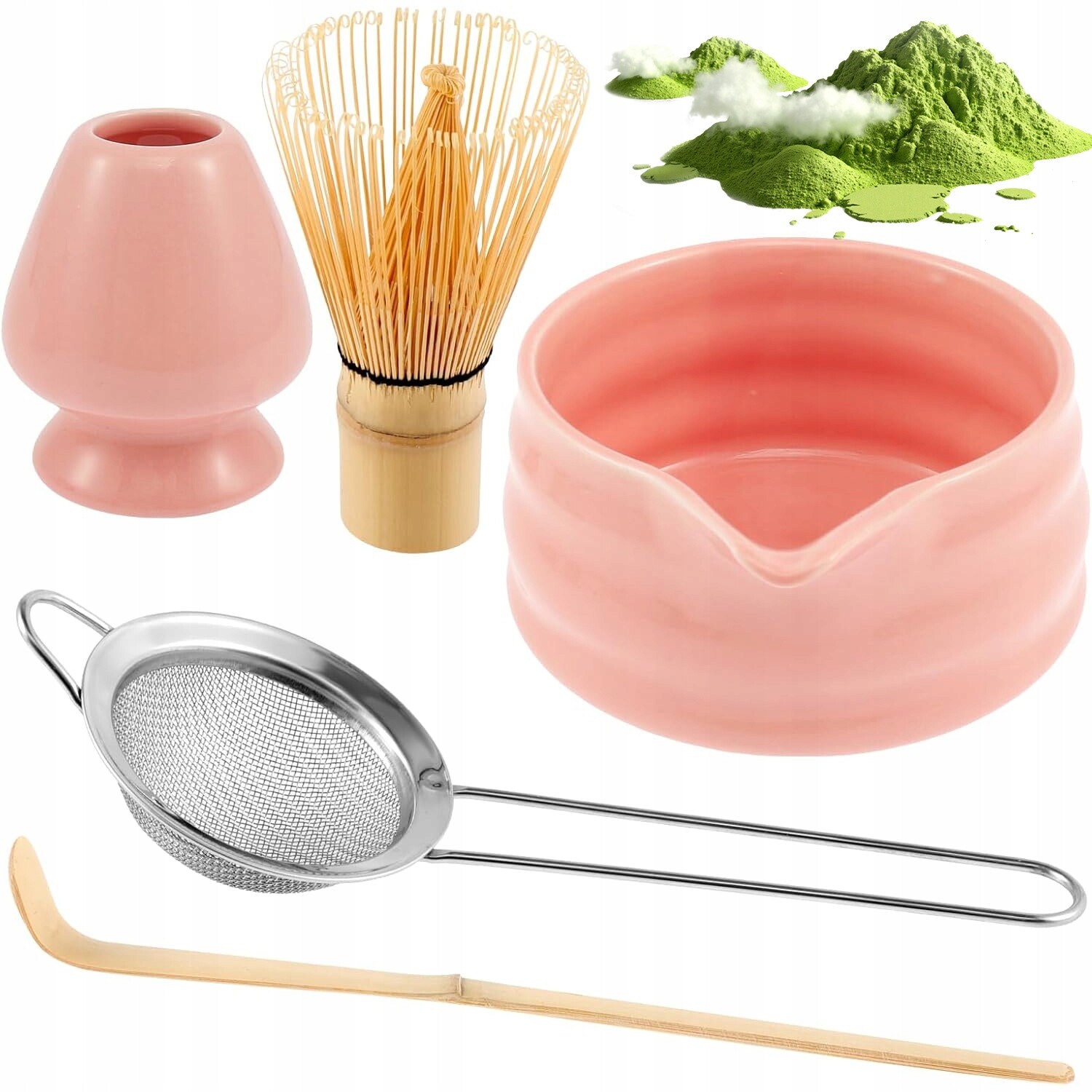 Japonská Sada Matcha 5V1 Růžová Bambus, Keramika, Metla 76 Zubů