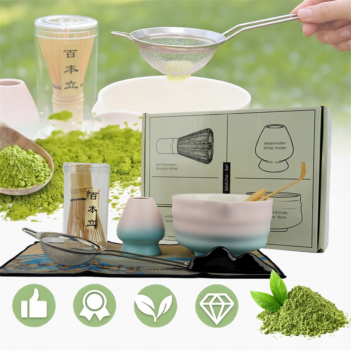 Sada Nádobí Na Matchu Z Bambusu S Mísou A Šlehací Metlou Pro Domácí Použití