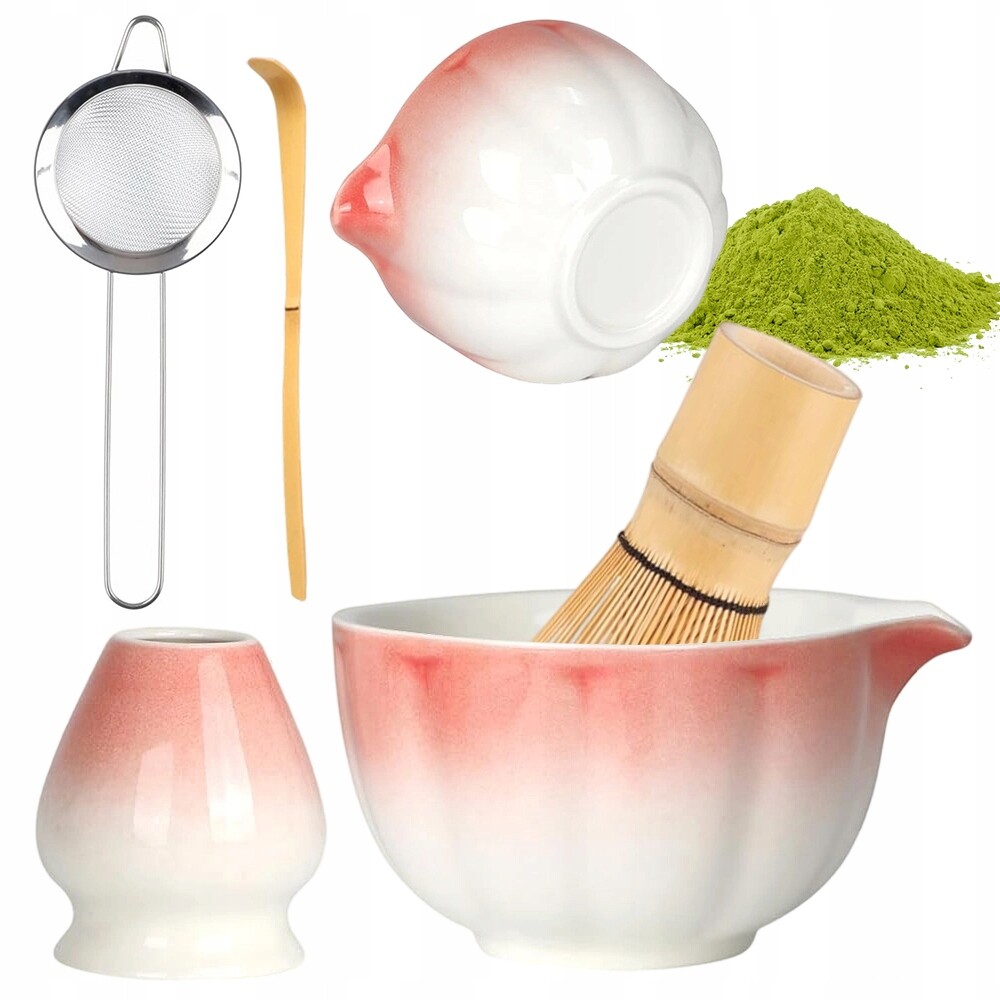 Sada Na Přípravu Matcha 450 ML Růžovo-bílá Keramická S Podstavcem