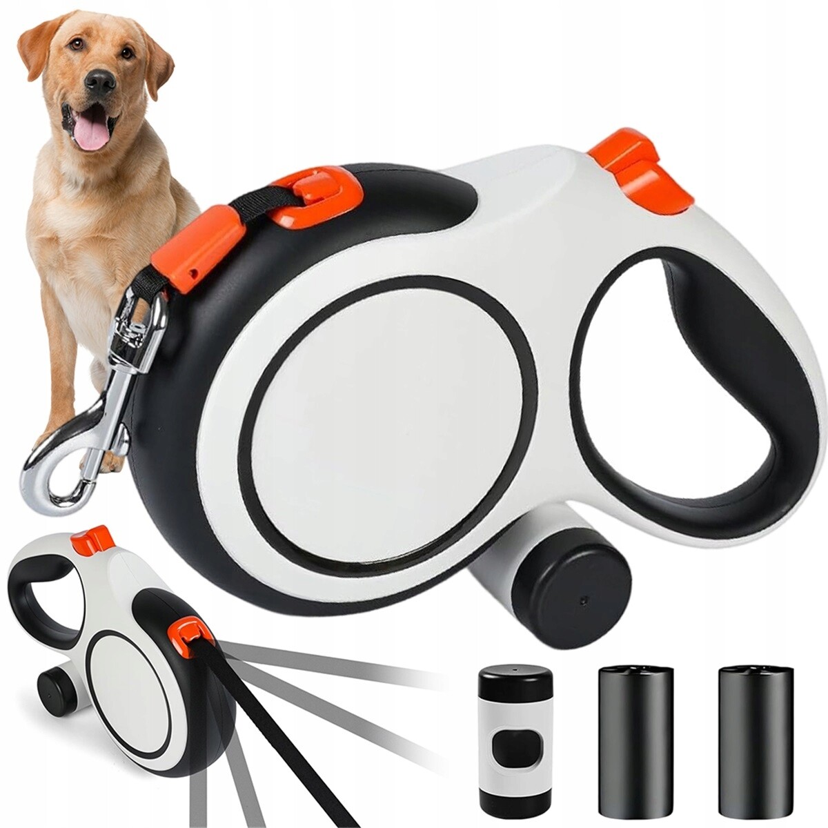 Vodítko Výsuvná 8 M S Nádobkou Na Sáčky V Bílo-černé Barvě