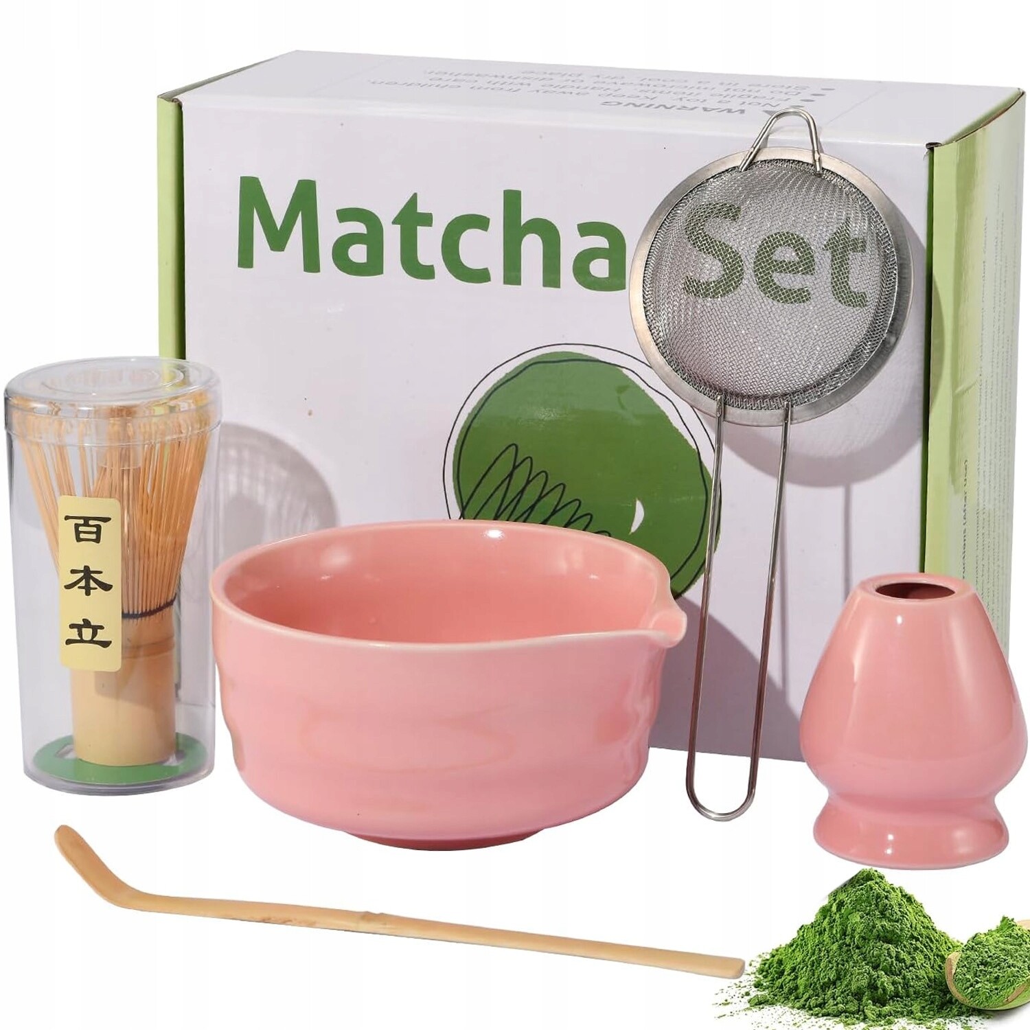 5-DÍLNÁ Sada Na Matcha Růžová Bambusová Metla Chasen, Keramika