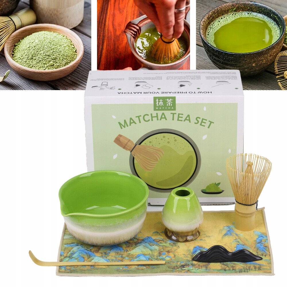 Tradiční Keramická Matcha Sada S Krajinným Ručníkem, Zelená