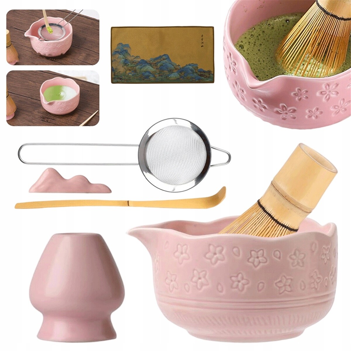 Dárková sada na matchu růžová metla na matchu, miska, sítko 7v1