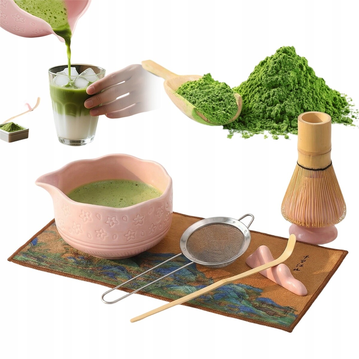 Růžová Sada Na Matcha S Bambusovou Metličkou, Lžící A Sítkem