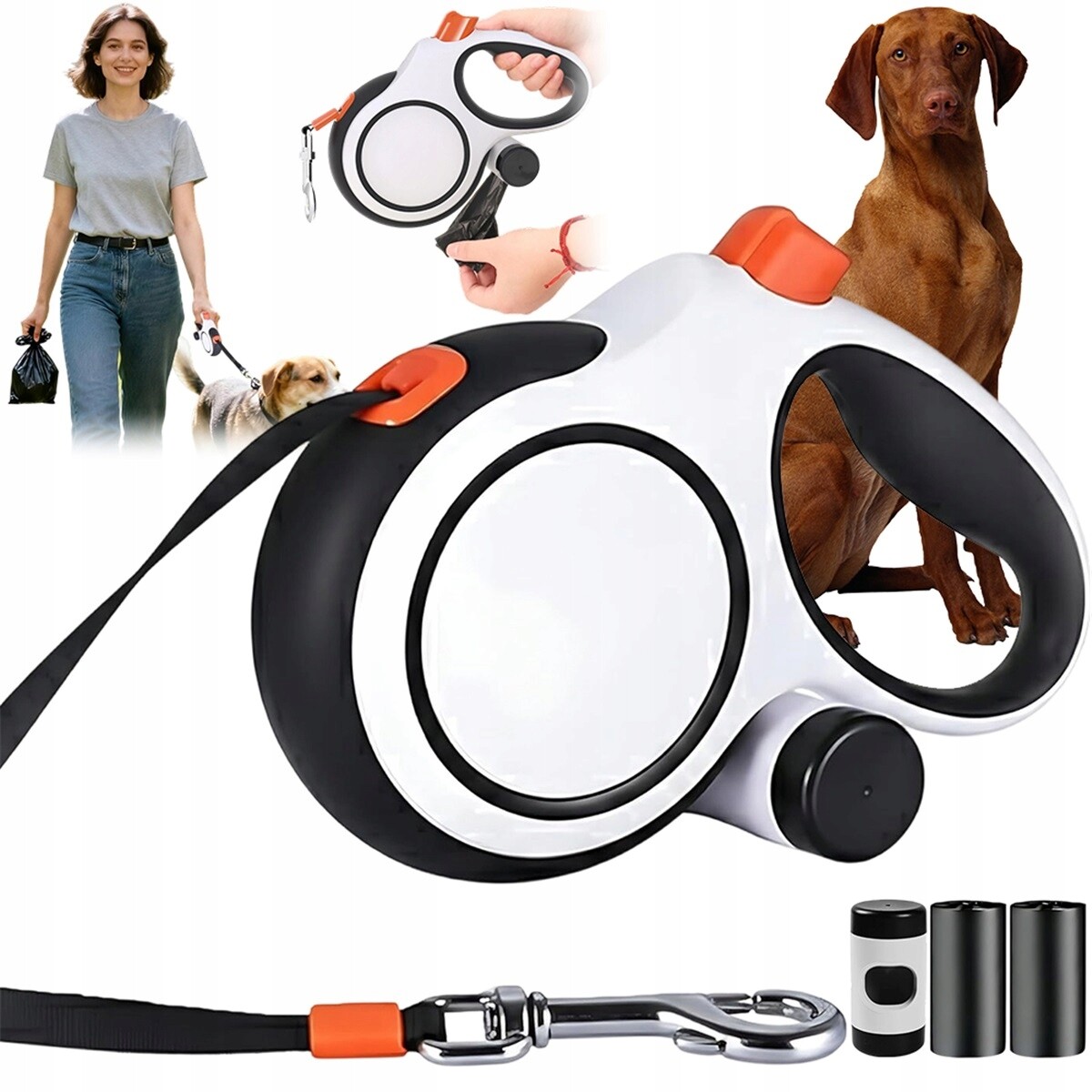 Vodítko pro psa 8 m Vodítko 8 m s nádobou na sáčky pro procházky a turistiku