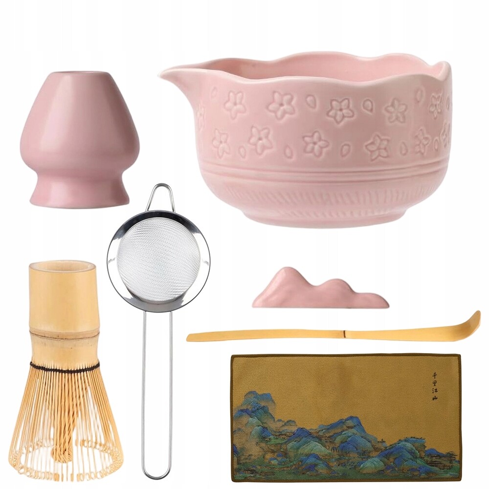 Sada Nástrojů Pro Matcha Růžová Keramická Miska S Bambusovou Šlehací Metlou