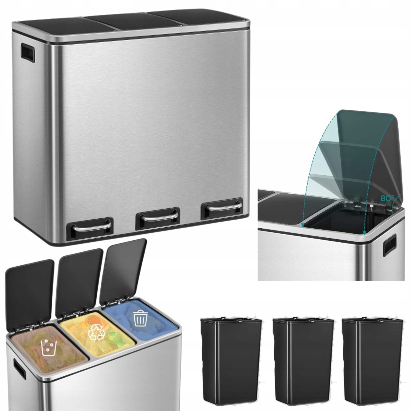 odpadkový koš do kuchyně 54L Kovový 3KOMORY na tříděný odpad Prostorný stříbrný