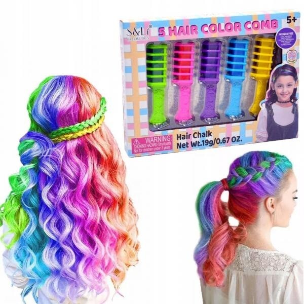 Sada 5 hřebenů s barevnou křídou na vlasy