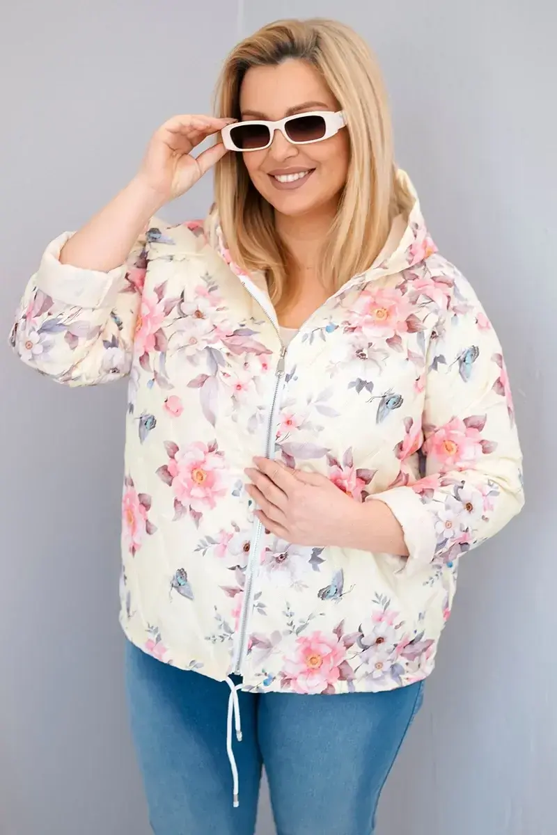 Kesi Plus Size prošívaná bunda s kapucí a květinovým vzorem