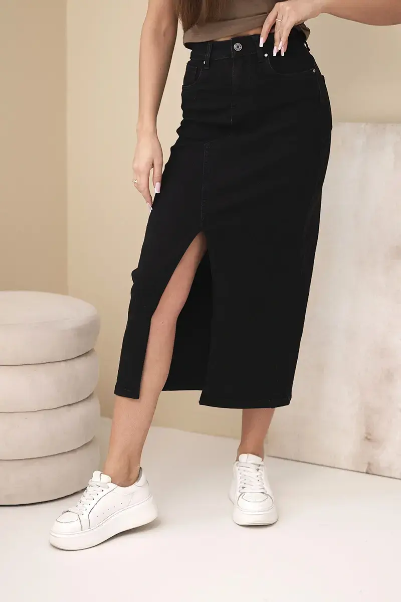 Dámská džínová midi sukně s vysokým pasem