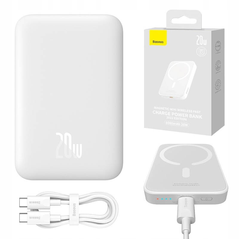 Powerbanka 6000 mAh Baseus Magsafe Magnetická Bílá Malá Tenká 20W