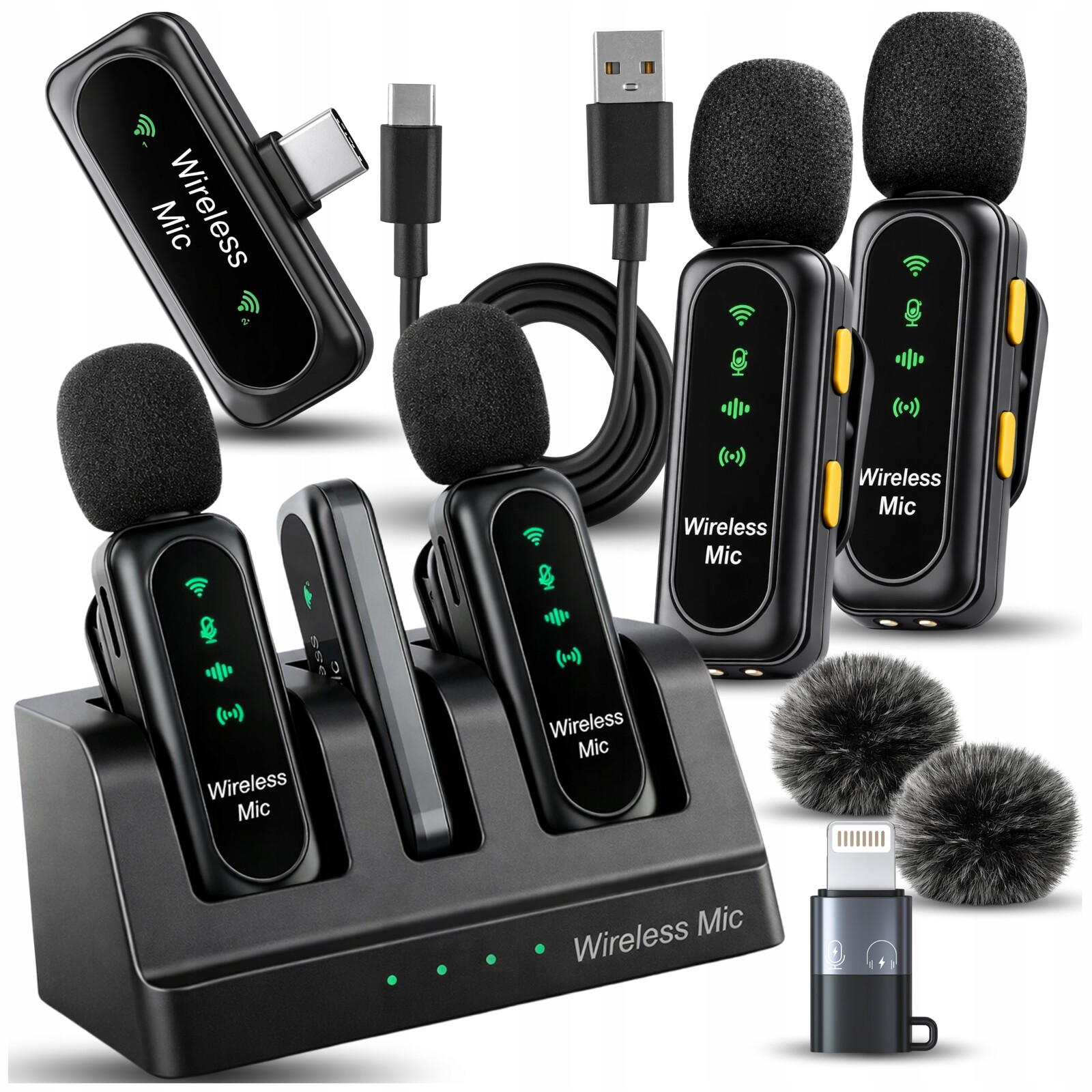 2x Bezdrátový Kravatový Mikrofon Pro Telefon 2.4 Ghz Usb-c Nabíječka