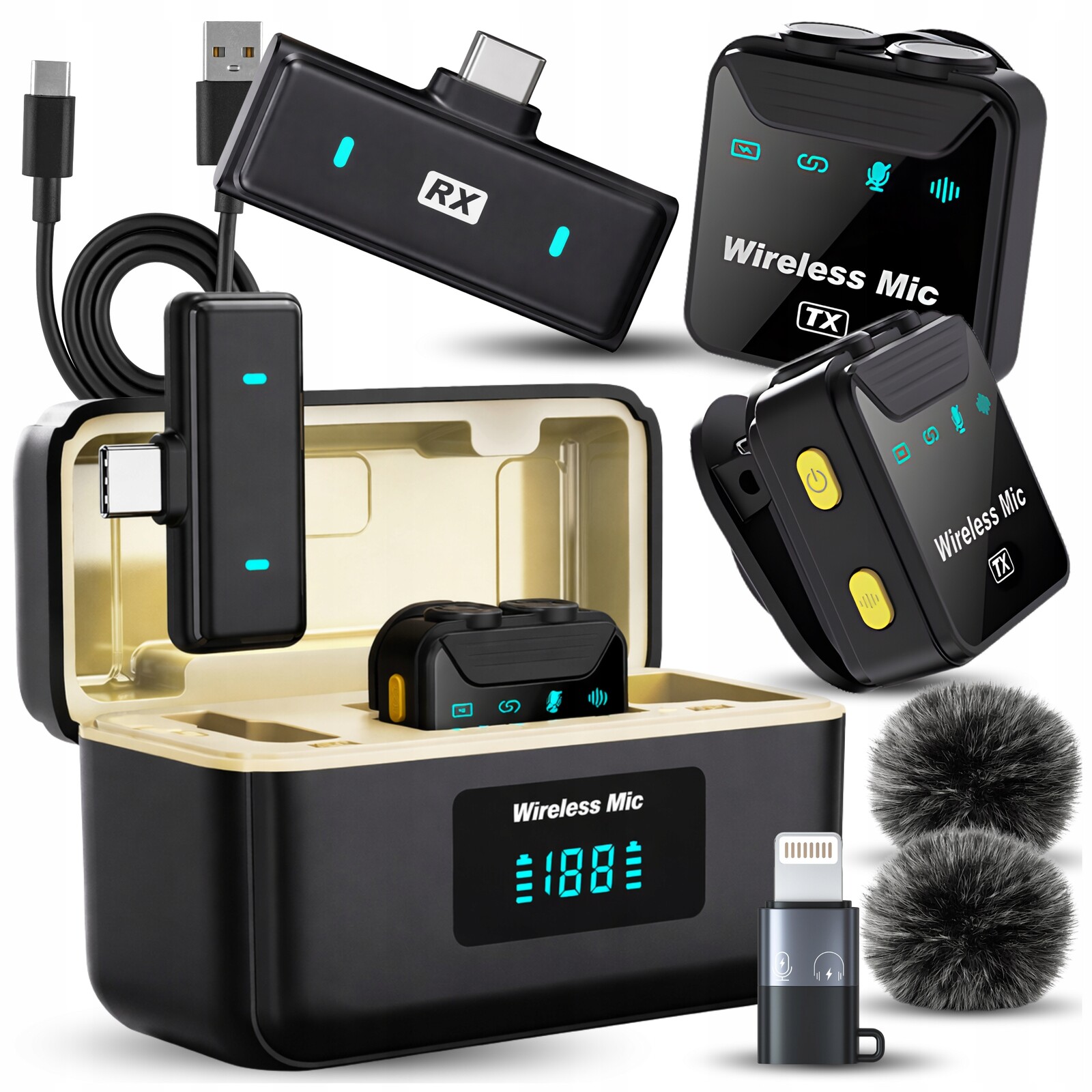2 bezdrátové/kravatové mikrofony s nabíjecím pouzdrem – Usb-c a iPhone