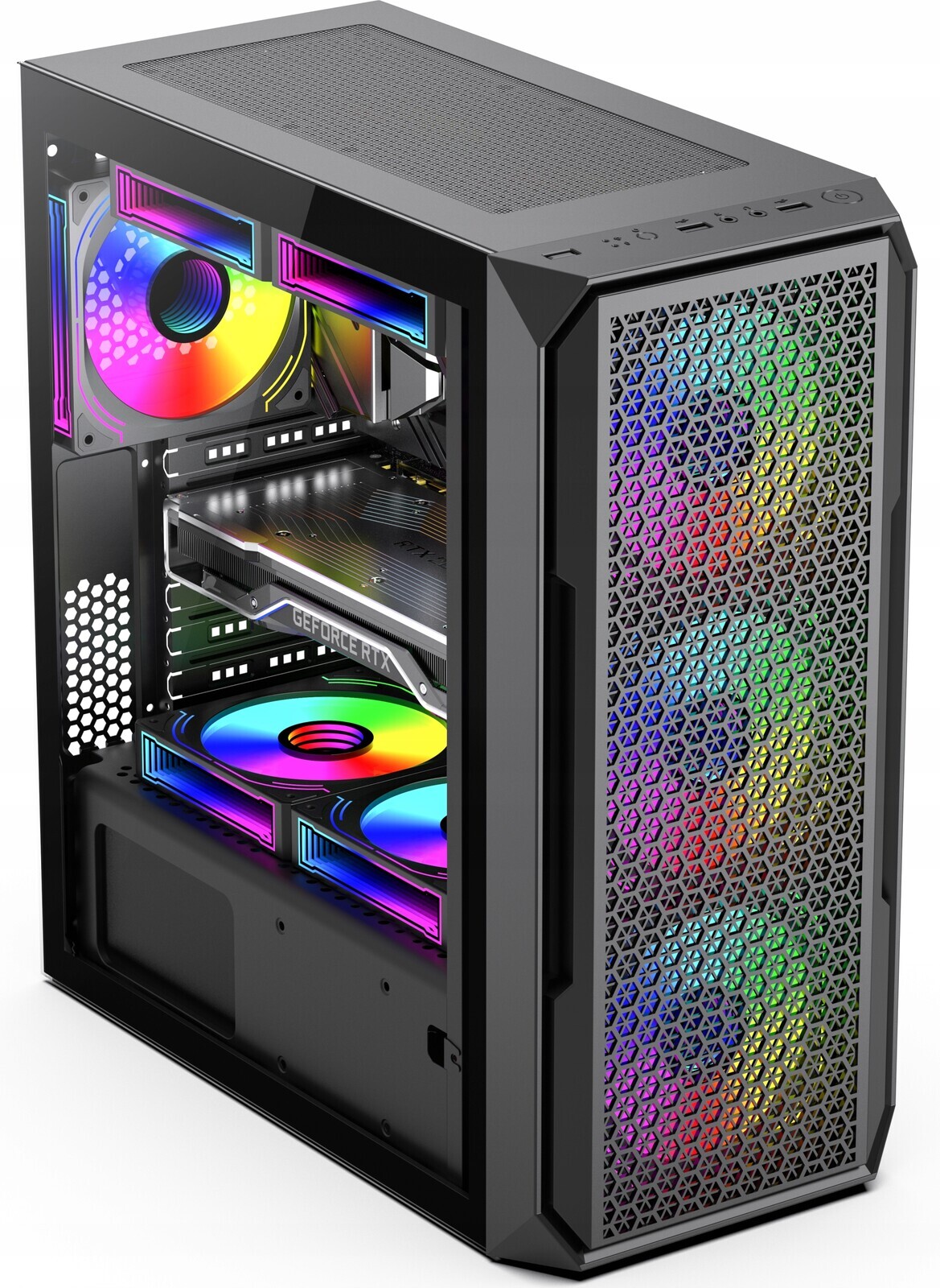 Počítačová Skříň Atx Sklo Mesh Prodyšný Sklep 1x Rgb ventilátor