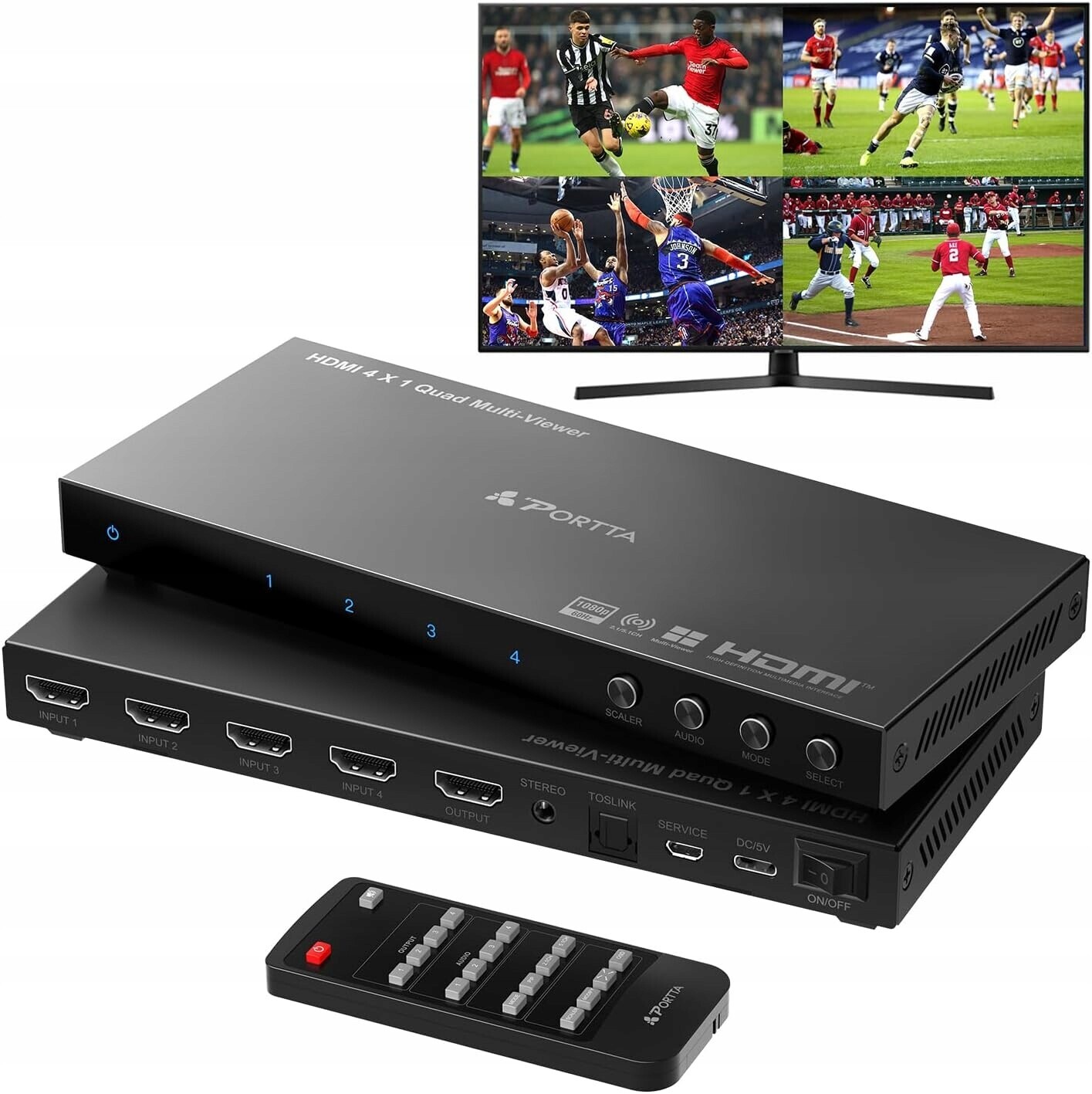 Hdmi přepínač 4x1 PorTTA Pip 1080p 60Hz Toslink 3,5 mm přepínač 4v1