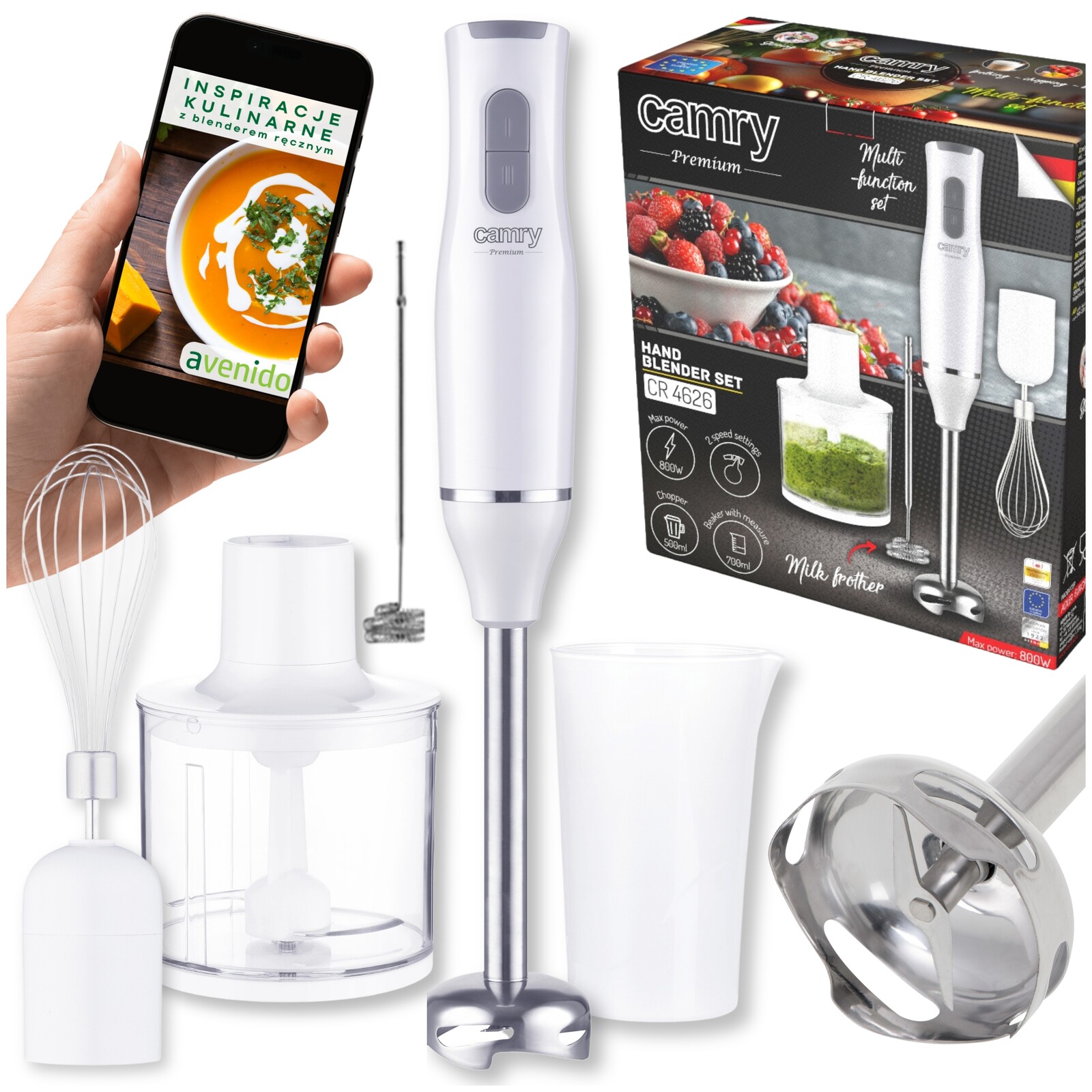 Ruční mixér Set drtič šlehač napěňovač Odměrka 700 ml Camry