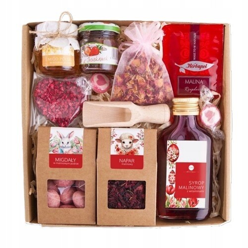 Dárkový koš Komplet Box na Velikonoce sada malinový sirup nálev med