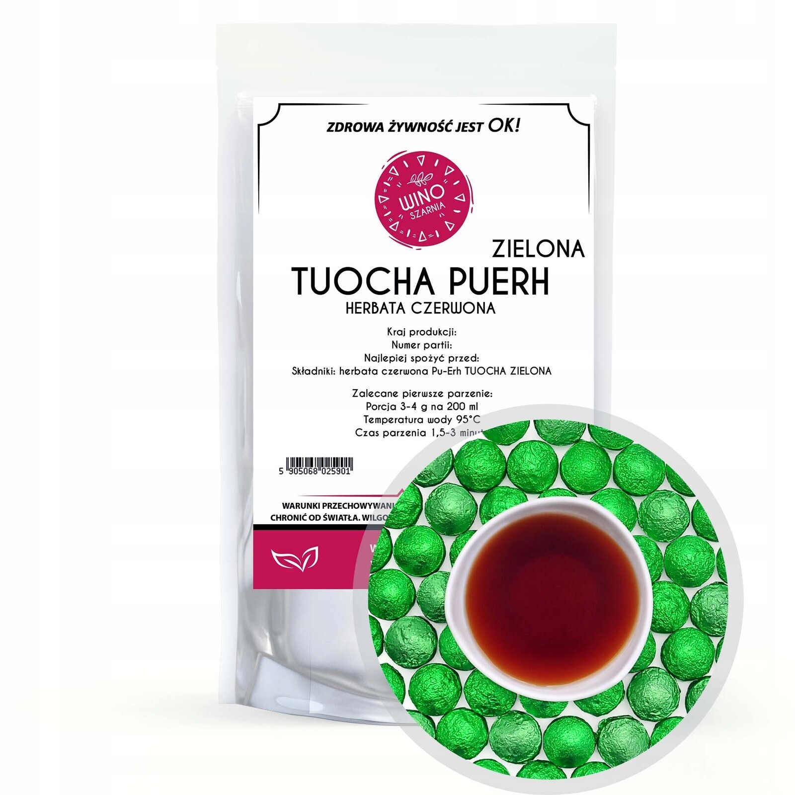Winoszarnia Čaj Červená lisovaná Pu Erh Tuocha Zelená 50g puerh
