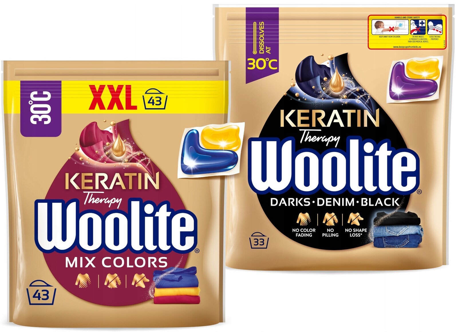 Woolite Kapsle na praní barev a černé barvy s keratinem, sada 76 kusů