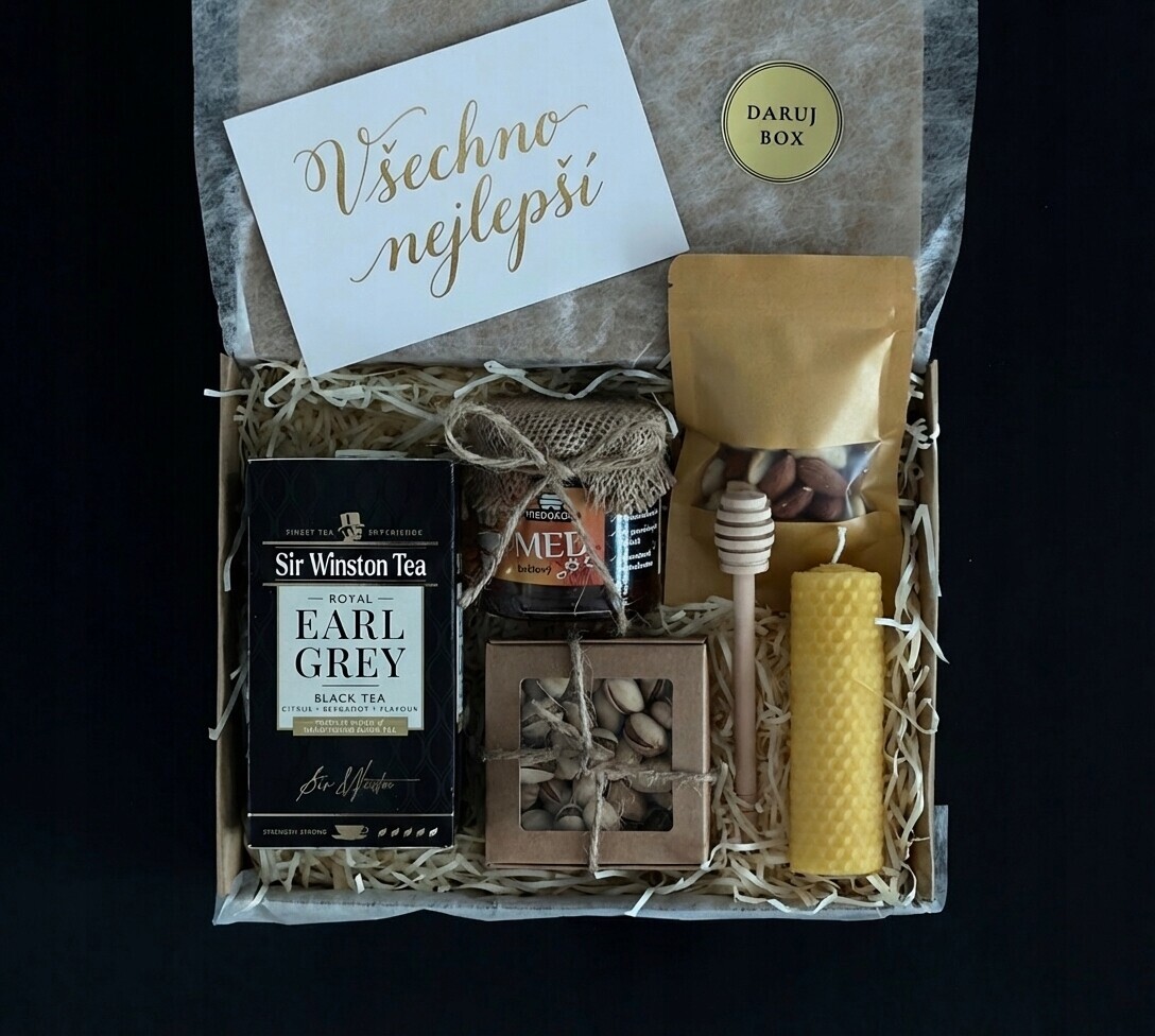 Honey & Grey dárkový set s čajem, medem a svíčkou