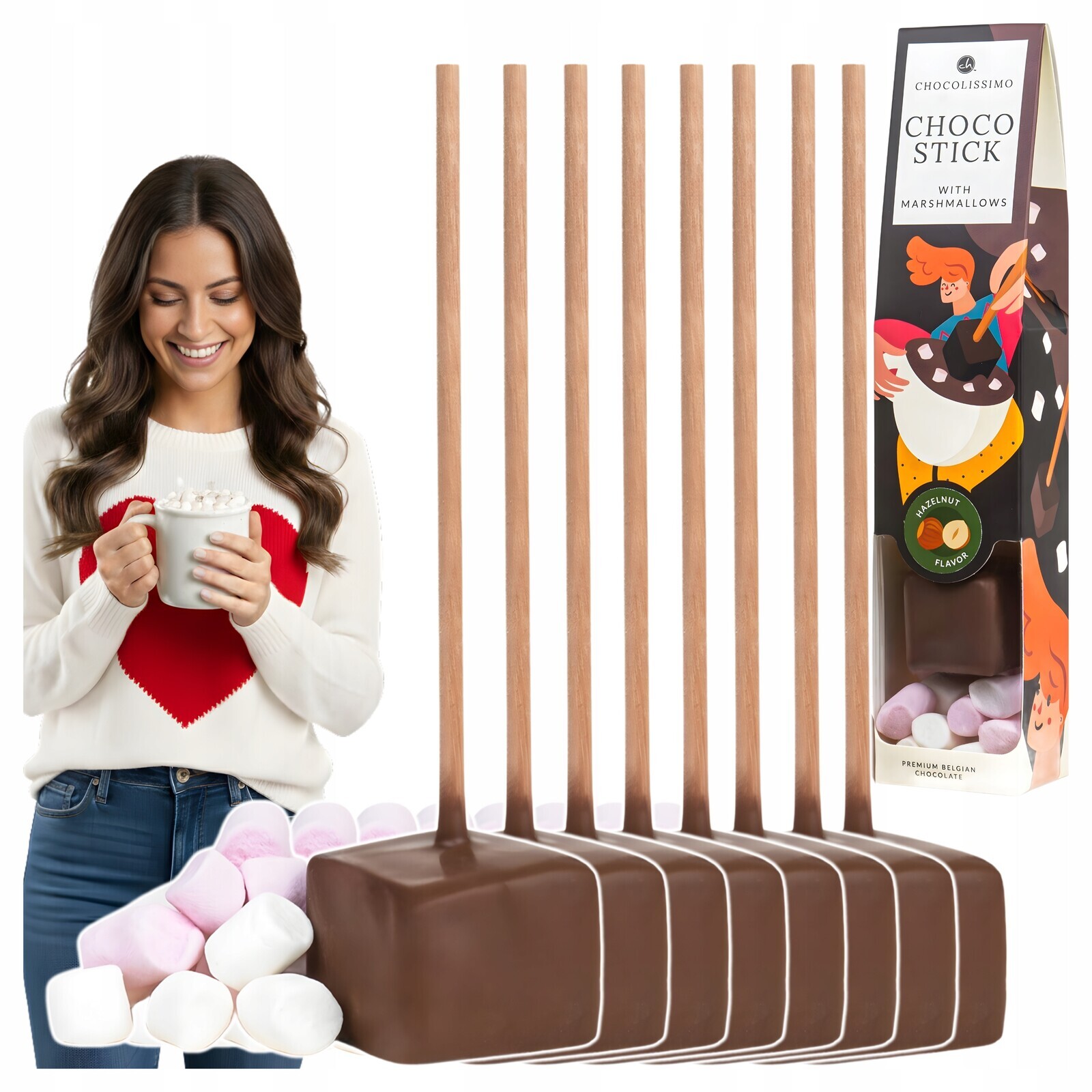Čokoláda na pití Belgická na tyči Ořechová stick Valentýn 8 kusů