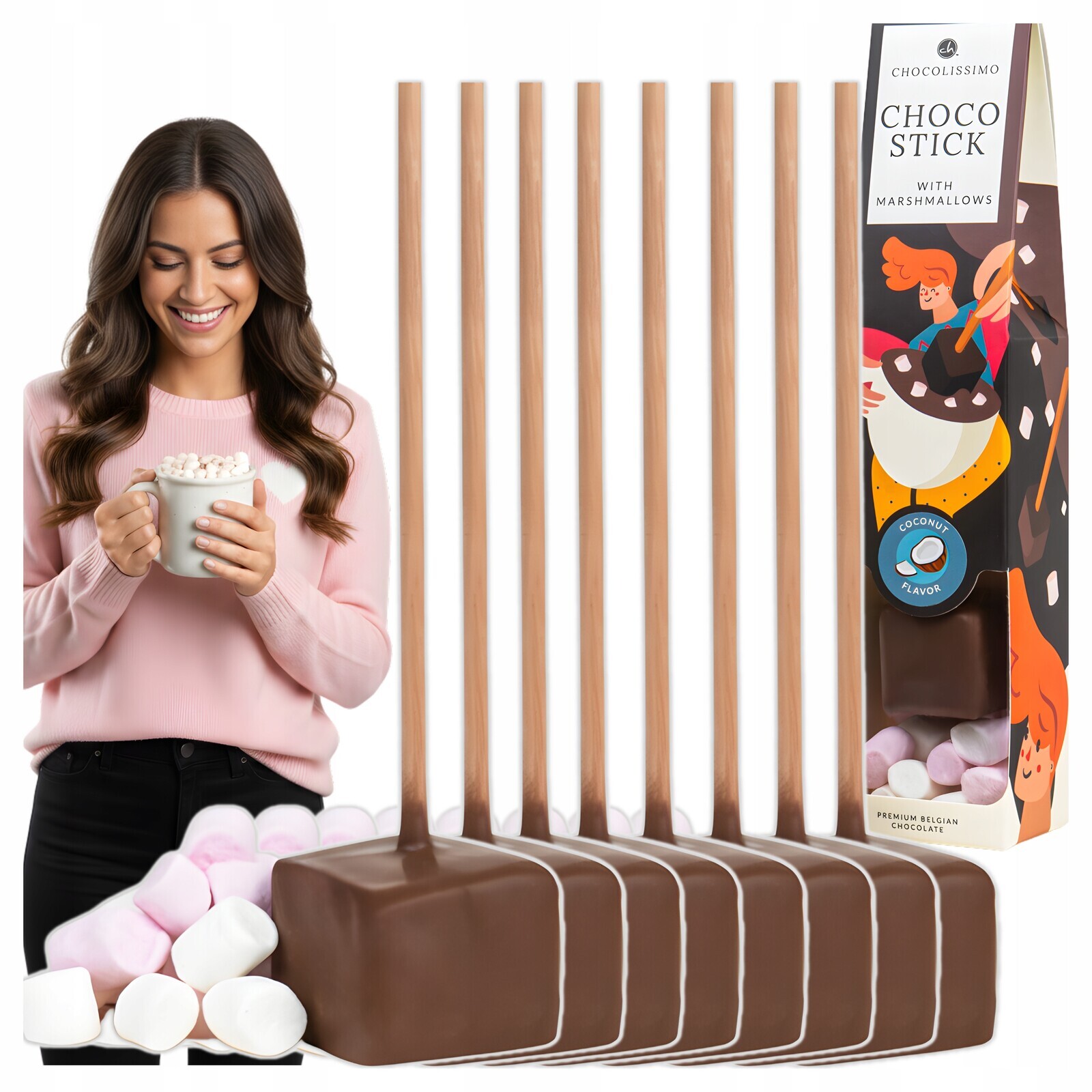 Čokoláda k pití Belgická na tyči Kokosová Valentýn 8 kusů