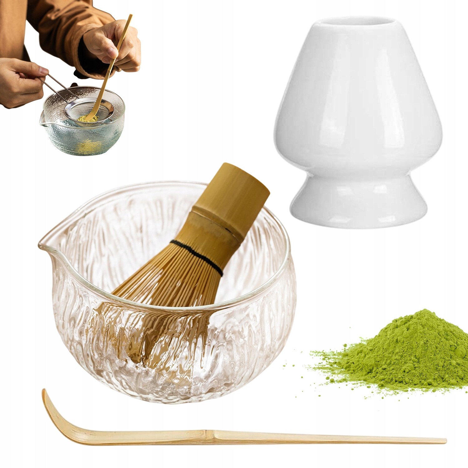 Dárková Sada Na Čaj Matcha 4 ks Sklo Bambus 500 ml