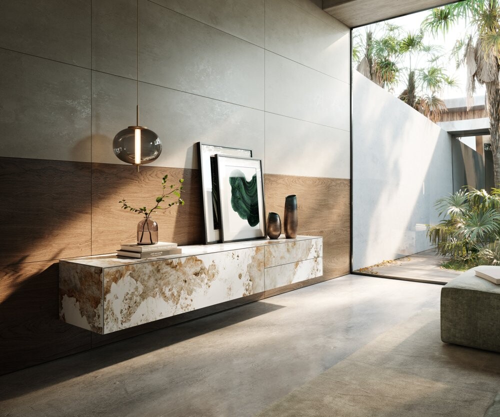 TV stolek Cuor 220 cm keramika Minas Melange bílá béžová 1 výklopná