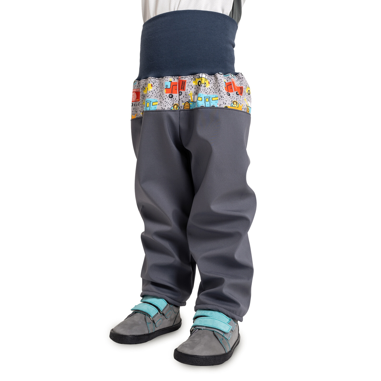 Unuo Unuo, Batolecí softshellové kalhoty s fleecem Basic, Tm. Šedá, ZOO na výletě Velikost: 92/98 SLIM 8596227097982