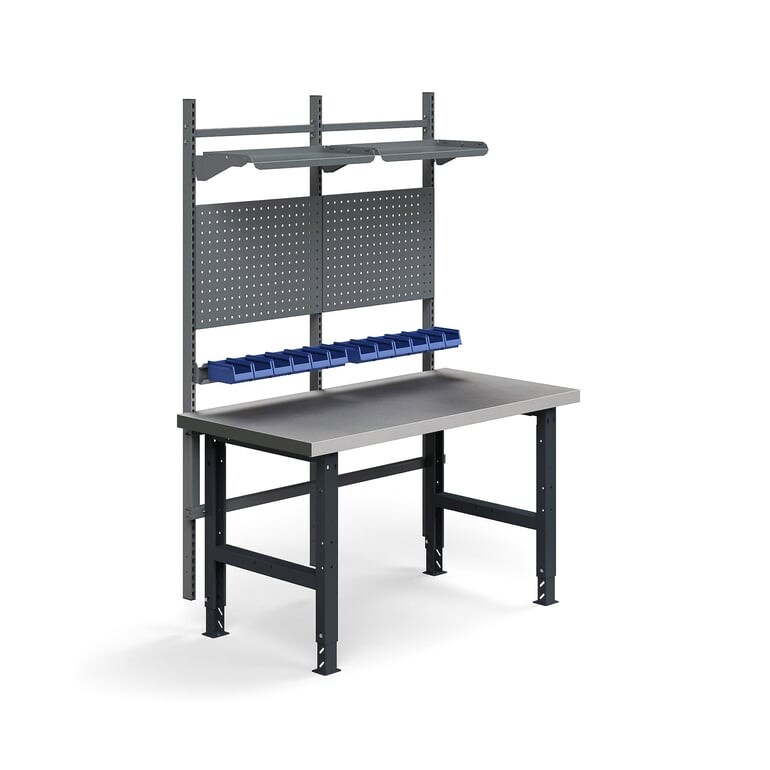 Dílenský stůl TRUST, panely na nářadí, plastové boxy, police, 1500x760 mm, ocelový povrch