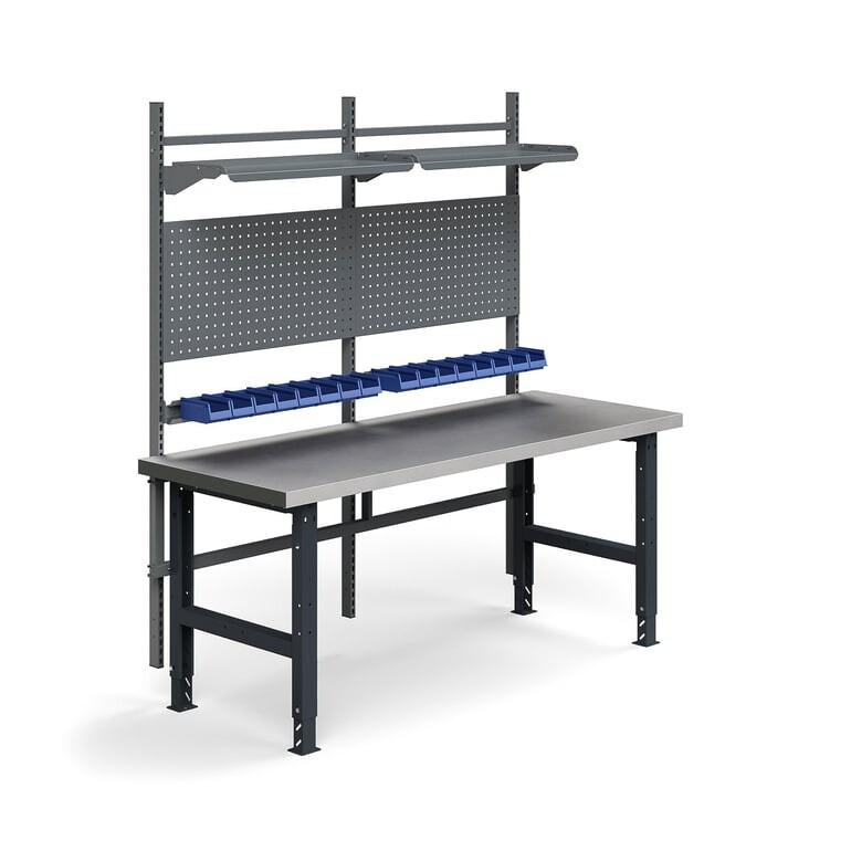 Dílenský stůl TRUST, panely na nářadí, plastové boxy, police, 2000x760 mm, ocelový povrch