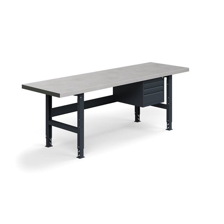 Dílenský stůl TRUST, se 3 zásuvkami, 2500x760mm, 600 kg, ocelový povrch