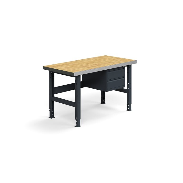 Dílenský stůl TRUST, se 2 zásuvkami, 1500x760mm, 600 kg, povrch z dubového dřeva
